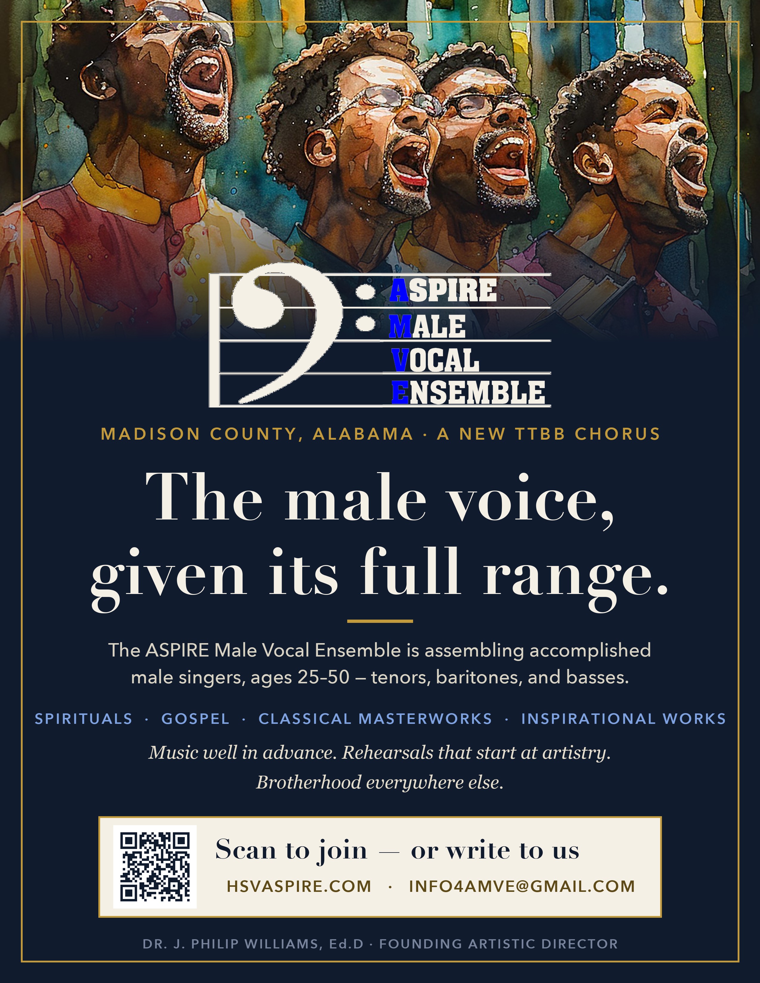 ASPIRE Male Vocal Ensemble recruitment poster — The male voice, given its full range